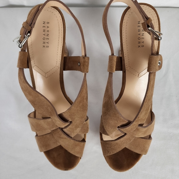Barneys New York Brown Suede Strappy Leather Block Heel Platform Sandal Size 8 - Picture 6 of 11